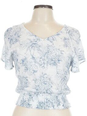 Paper Crane Floral V-Neck Smocked Waist Crop Top Blue White M